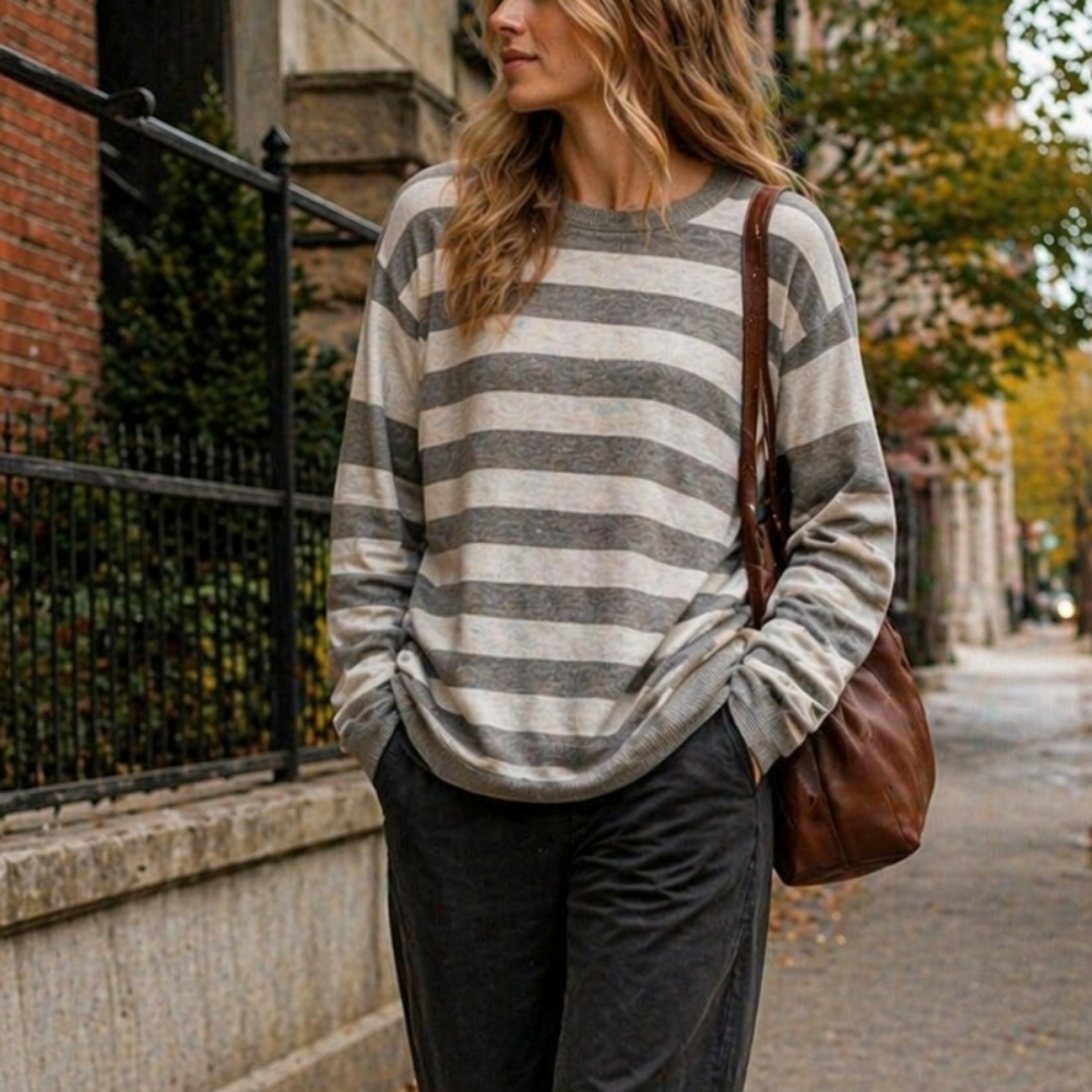 J.Lindeberg Gray Striped Sweater XL Lightweight Cotton Knit Long Sleeve Casual
